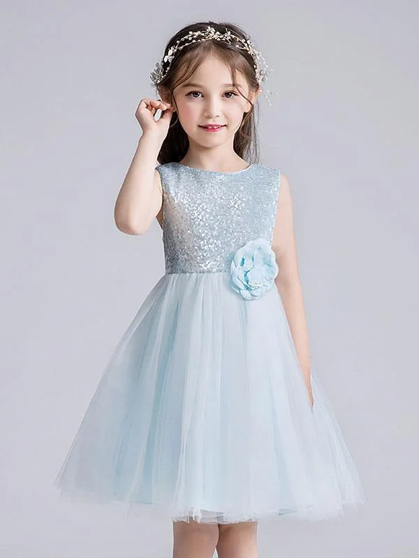 Off-Shoulder Gown Cute Sky Blue Sleeveless Sequins Tulle Flower Girl Dresses Short Princess Dress with Bow for Kids