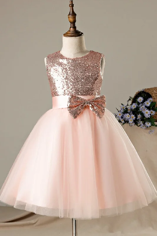 Satin Gown Cute Toddler Pink Flower Girl Dress with Bowknot