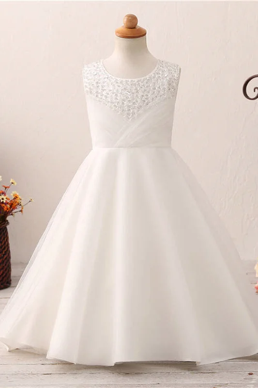 Deep V-Neck Dress Cute Toddler Sequined White Flower Girl Dress with Bow Knot