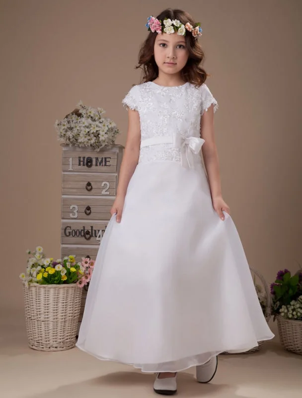Strapless Gown Cute White A-Line Satin Ankle-Length Flower Girl Dress for Wedding