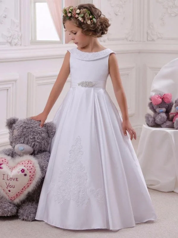 Pearl Embellished Gown Cute White Sleeveless Satin Lace Appliques A-line Flower Girl Dress Bateau Neck Floor Length A-Line Kids Party Dresses