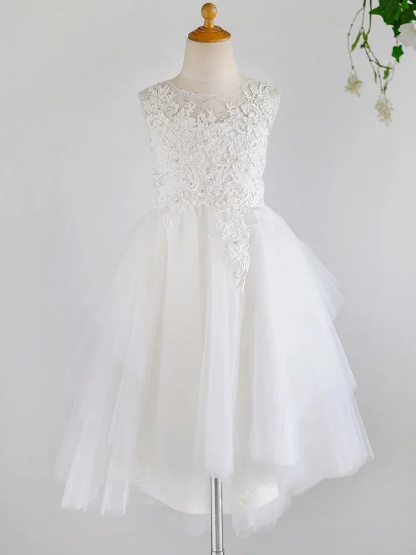 Strapless Gown Cute White Tulle Lace Appliques Flower Girl Dresses Jewel Neck Sleeveless Pearls Kids Dresses