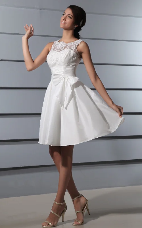 Ruched Satin Dress Deep Satin Sash Bow V-Back Brilliant Lace Gown-GC_705077