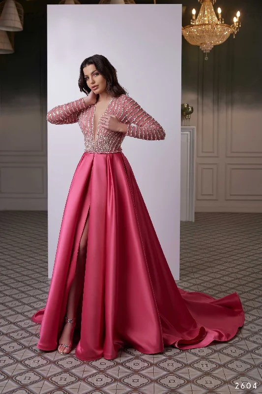 Embroidered Gown Deluxe Sequin Stripe Embellished Satin Gown with Sleeves