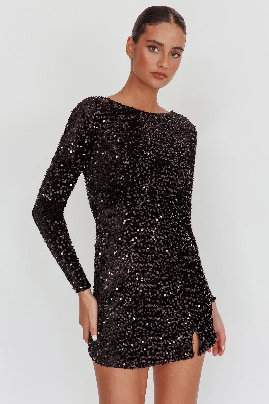 Lace Sleeves Dress Demure Long Sleeve Open Back Dress Sequin Black