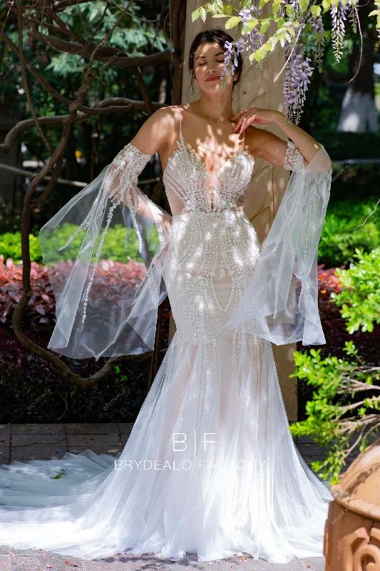Evening Gown Detachable Bell Sleeve Beaded Lace Boho Mermaid Wedding Dress