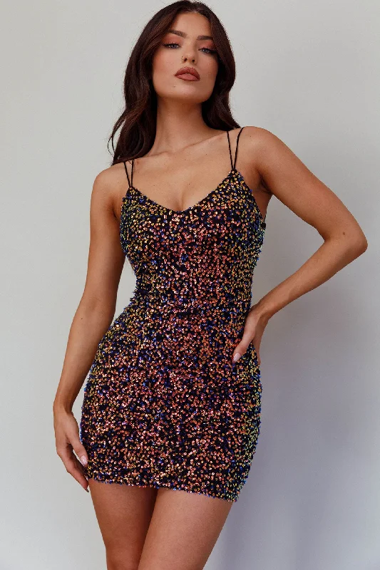 Dainty Chiffon Dress Disco Fever Strappy Back Sequin Mini Dress Black