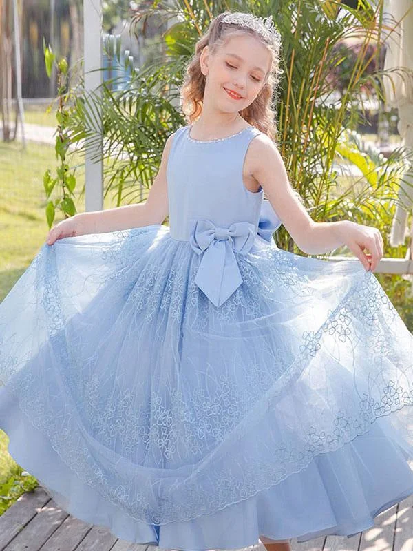 Sequin Maxi Dress Dreamful Baby Blue Jewel Neck Floor Length Flower Girl Dresses Sleeveless Lace Tulle Foral Dress for Kids with Bow