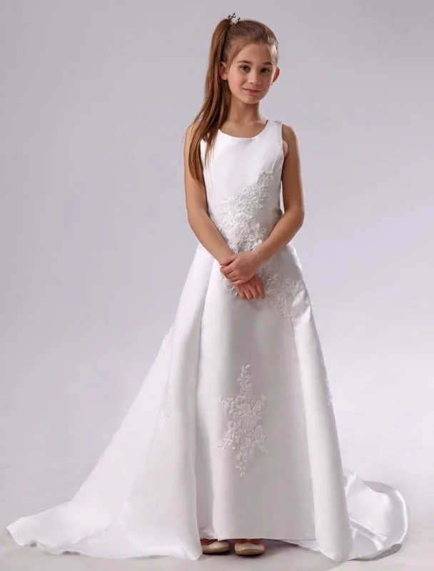 Draped Satin Gown Elegant Crew Neck White Flower Girl Dress Applique Satin Long Dress