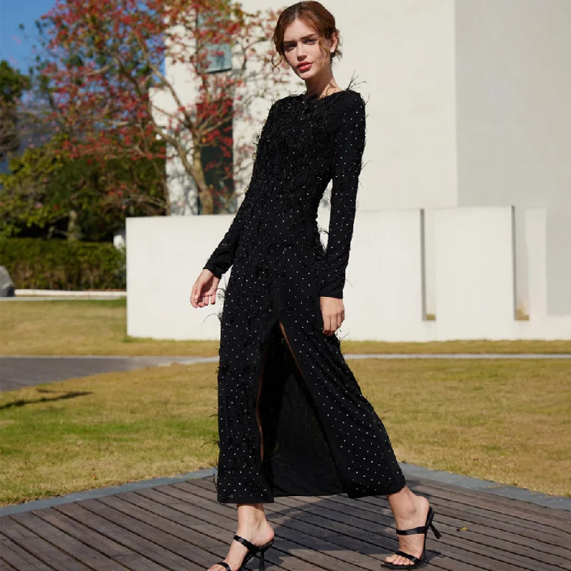 Slit Gown Elegant Faux Feather Rhinestone Mesh Long Sleeve High Split Evening Maxi Dress Slit Gown Elegant Faux Feather Rhinestone Mesh Long Sleeve High Split Evening Maxi Dress