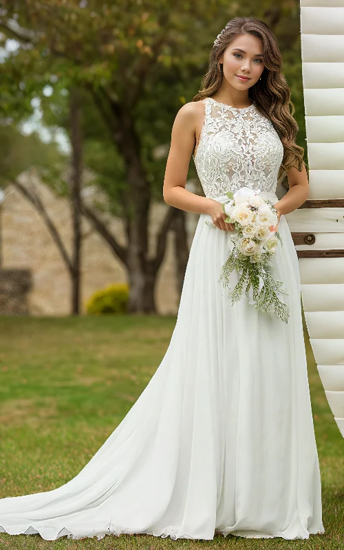 Embellished Dress Elegant Floral A-Line High Neck Boho Wedding Dress Romantic Flowy Beach Garden Chiffon Lace Sweep Train Bridal Gown Embellished Dress Elegant Floral A-Line High Neck Boho Wedding Dress Romantic Flowy Beach Garden Chiffon Lace Sweep Train Bridal Gown