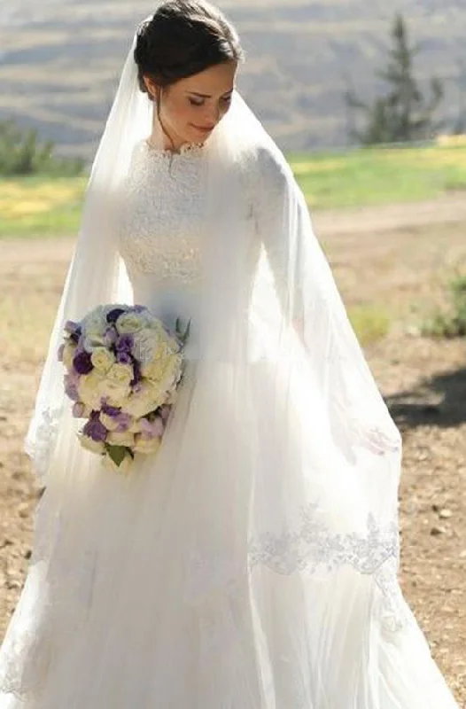 One-Shoulder Gown Elegant High Neck Half Sleeves Appliques Lace Tulle Floor Length Modest Wedding Gown-715369 One-Shoulder Gown Elegant High Neck Half Sleeves Appliques Lace Tulle Floor Length Modest Wedding Gown-715369