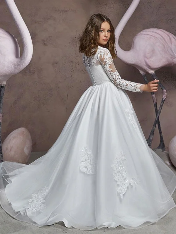 Tulle Skirt Dress Elegant Long Sleeves Embroidered Kids Party Dresses Jewel Neck Tulle Lace Appliques Flower Girl Dresses Tulle Skirt Dress Elegant Long Sleeves Embroidered Kids Party Dresses Jewel Neck Tulle Lace Appliques Flower Girl Dresses