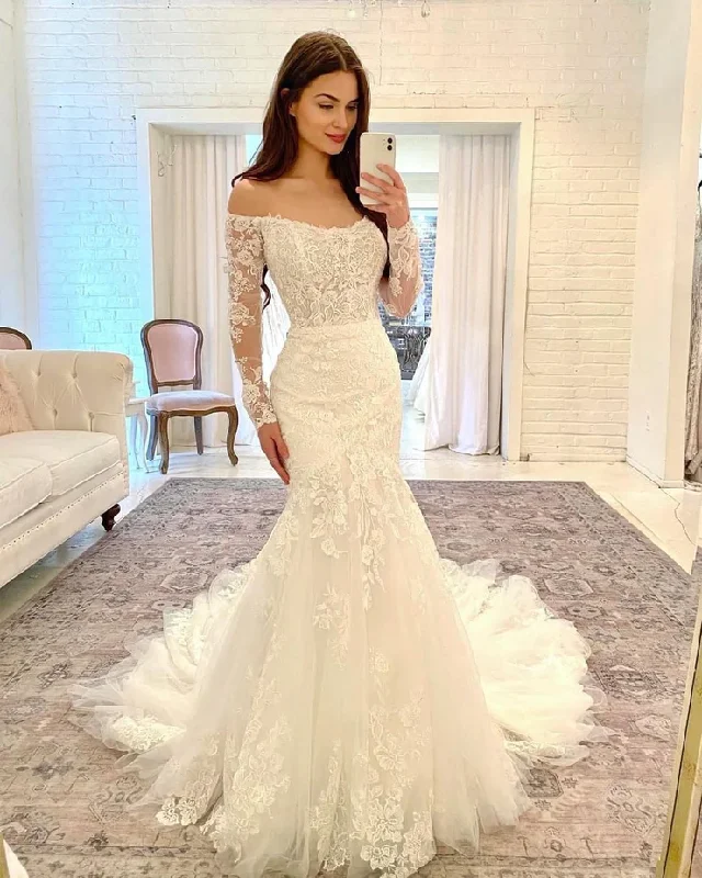 Vivid Color Gown Elegant Mermaid Off the Shoulder Sleeves Lace Wedding Dresses with Appliques fg2352 Vivid Color Gown Elegant Mermaid Off the Shoulder Sleeves Lace Wedding Dresses with Appliques fg2352
