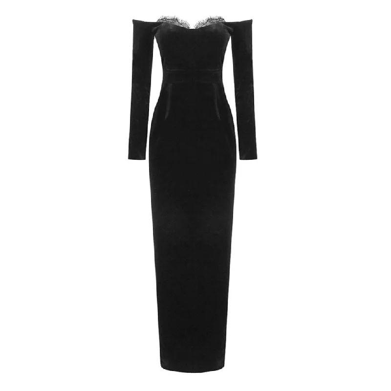 Lace Dress Elegant Off Shoulder Spliced Lace Sweetheart Neck Velvet Maxi Evening Dress Lace Dress Elegant Off Shoulder Spliced Lace Sweetheart Neck Velvet Maxi Evening Dress