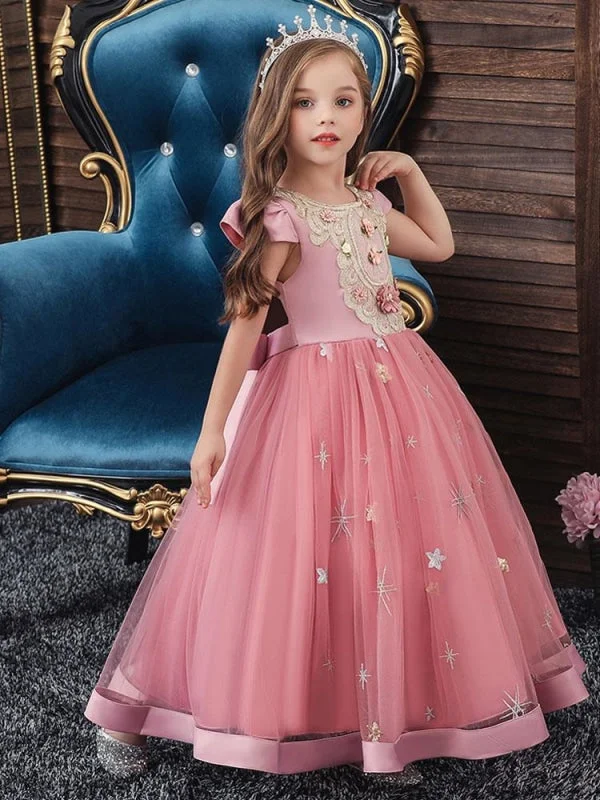 Pearl Embellished Gown Elegant Sleeveless Floral Pattern Flower Girl Dresses with Bows Formal Kids Pageant Dresses Pearl Embellished Gown Elegant Sleeveless Floral Pattern Flower Girl Dresses with Bows Formal Kids Pageant Dresses