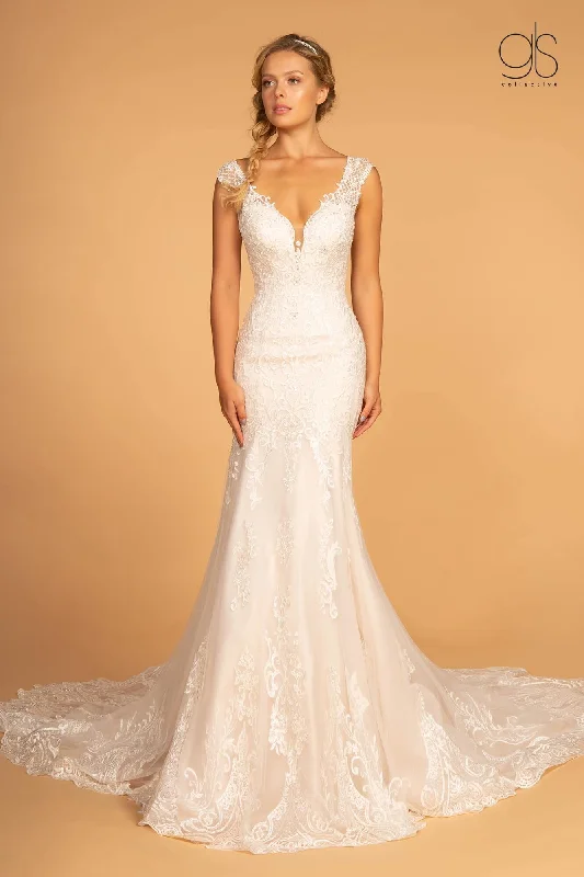 Puffy Sleeve Dress Embroidery Embellished Mesh Long Wedding Gown