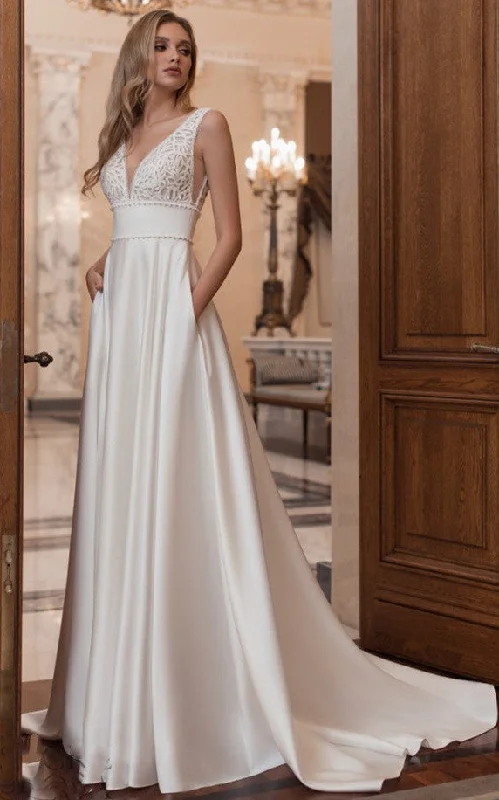 Taffeta Dress Ethereal A-Line V-neck Satin Court Train Wedding Dress with Pockets-716431 Taffeta Dress Ethereal A-Line V-neck Satin Court Train Wedding Dress with Pockets-716431
