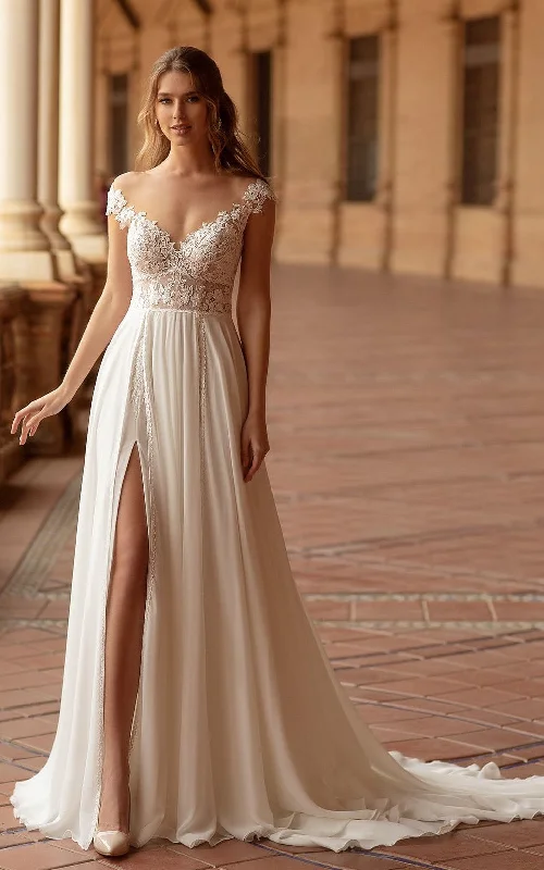 Pearl Embellished Gown Fairy Floral A-Line Boho Lace Wedding Dress Elegant Modest Front Split Low Back Bridal Gown with Appliques