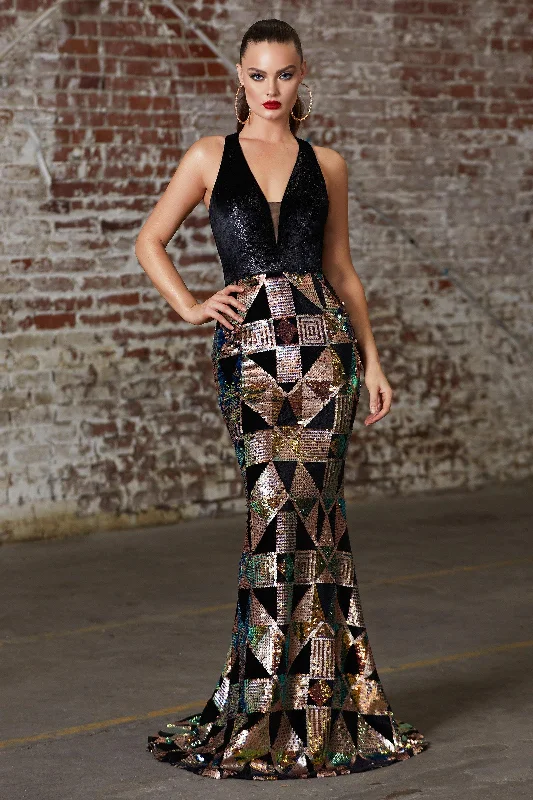 Fancy Evening Dress Cinderella Divine B60217 Long Formal Halter Fitted Geometric Print Prom Gown