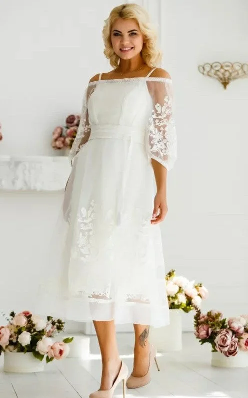 Tulle Gown Floral Boho Lace A-Line Off-the-Shoulder Dress for Wedding Vintage Modest Tea-Length 3/4 Length Sleeve Bridal Gown Tulle Gown Floral Boho Lace A-Line Off-the-Shoulder Dress for Wedding Vintage Modest Tea-Length 3/4 Length Sleeve Bridal Gown
