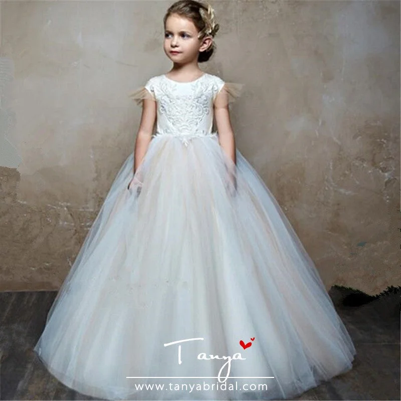 Strapless Gown Flower Girl Dress Champagne Ivory Puffy Wedding party Dress TBF013