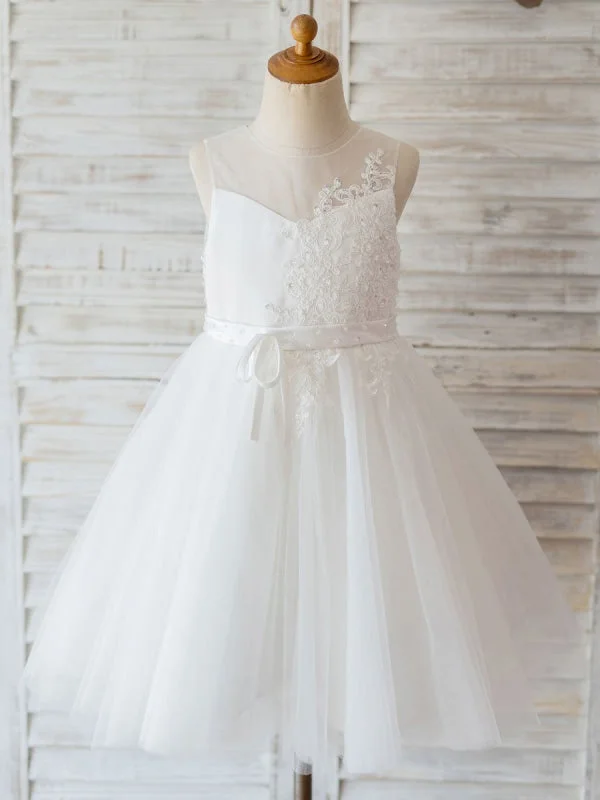 Prom Dress Flower Girl Dresses Round Neck Lace Sleeveless Knee-Length Princess Beaded Kids Party Dresses