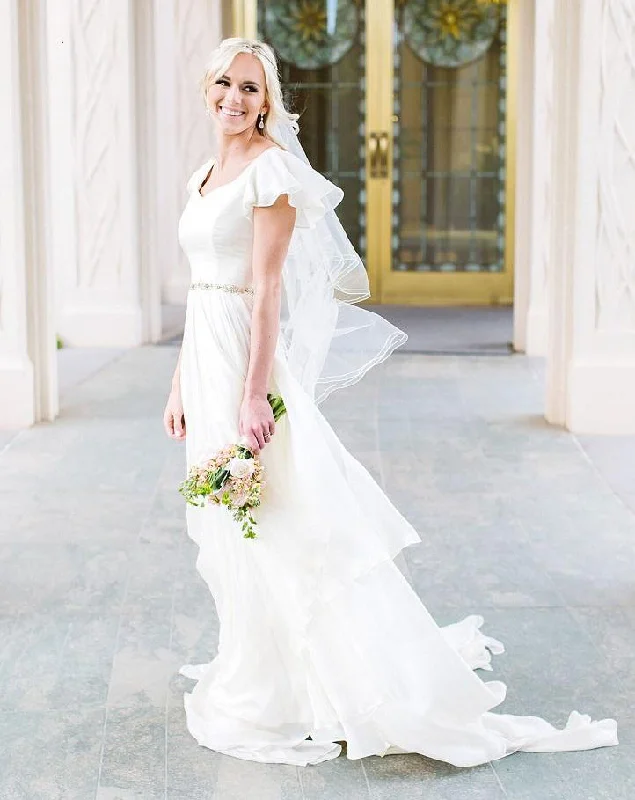 Formal Red Dress Flowy Beach Short Sleeves Beaded Belt Temple Chiffon Modest Wedding Dress-715364 Formal Red Dress Flowy Beach Short Sleeves Beaded Belt Temple Chiffon Modest Wedding Dress-715364