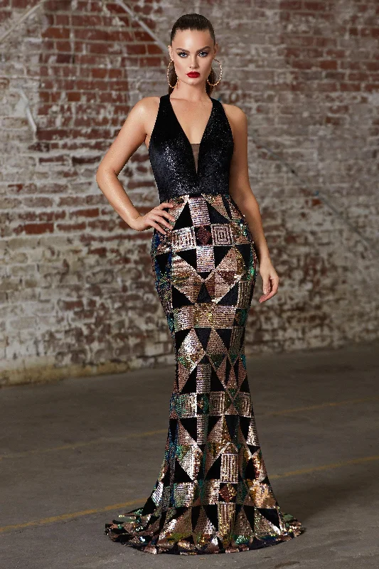 Minimalist Gown Cinderella Divine B60217 Formal Halter Fitted Geometric Print Long Prom Gown Sale