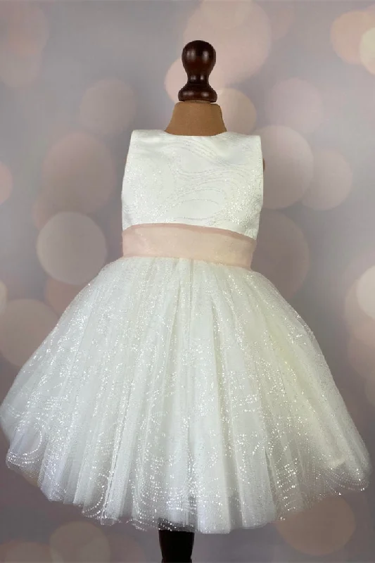 Metallic Formal Dress Glitter Ivory Girl Party Dress with Blush Belt