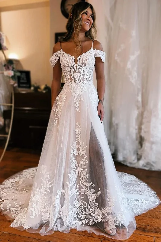 V-Neck Dress Gorgeous A-Line Cold Sleeves Tulle Lace Beach Wedding Dresses     fg3853