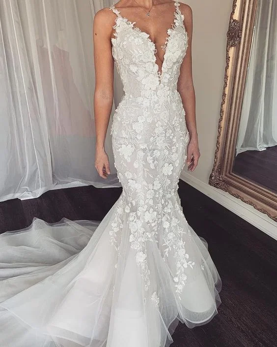 Fancy Evening Dress Gorgeous Mermaid Wedding Dresses 3D Floral Appliqued Sweep Train Country Bridal Gowns fg4600 Fancy Evening Dress Gorgeous Mermaid Wedding Dresses 3D Floral Appliqued Sweep Train Country Bridal Gowns fg4600