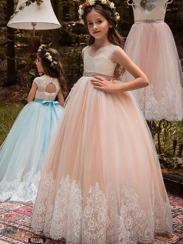 Applique Gown Gorgeous Tulle Lace Appliques Flower Girl Dresses Sleeveless Sash Formal Kids Dress Applique Gown Gorgeous Tulle Lace Appliques Flower Girl Dresses Sleeveless Sash Formal Kids Dress