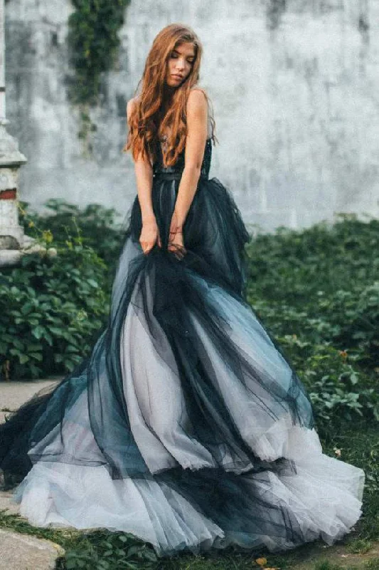 Simple Formal Dress Gothic Black and Grey A-Line Ball Gown Wedding Dress Whimsical Boho Flowy Sleeveless Tulle Spaghetti Straps Court Train Bridal Gown Simple Formal Dress Gothic Black and Grey A-Line Ball Gown Wedding Dress Whimsical Boho Flowy Sleeveless Tulle Spaghetti Straps Court Train Bridal Gown