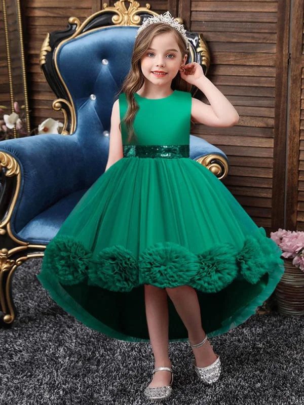 Vintage Gown Green Tulle Sequined Kids Party Dresses Sleeveless Flower Girl Dresses with Bows Vintage Gown Green Tulle Sequined Kids Party Dresses Sleeveless Flower Girl Dresses with Bows