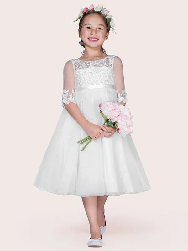 Lush Satin Gown Half Sleeves A-Line Lace Kids Party Dresses Ivory Jewel Tulle Flower Girl Dresses