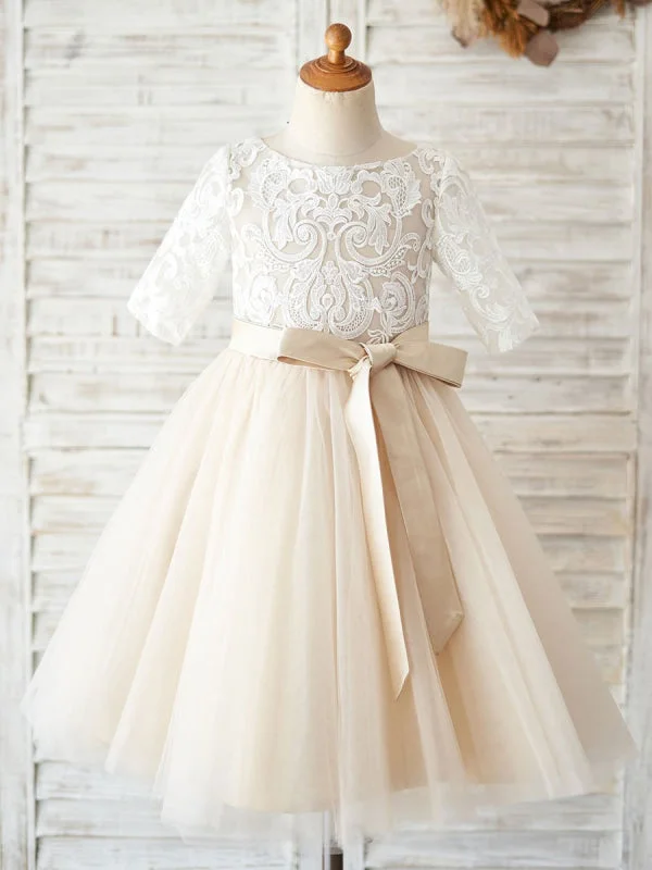 Illusion Neckline Dress Half Sleeves Champagne Sash Kids Party Dresses Tulle Formal Dress