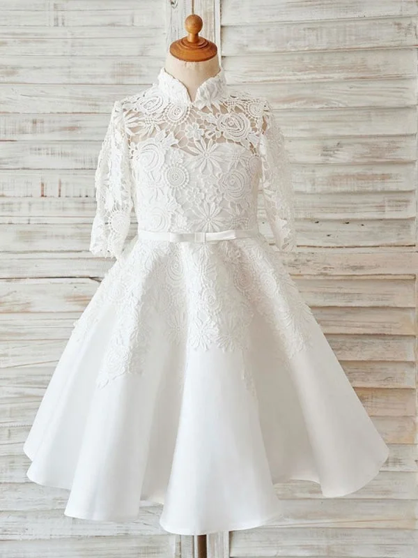 Glittering Evening Gown Half Sleeves Floral Lace Flower Girl Dress Ivory Satin High Neck Dress for Wedding Glittering Evening Gown Half Sleeves Floral Lace Flower Girl Dress Ivory Satin High Neck Dress for Wedding