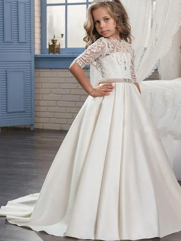 Knee-Length Dress Half Sleeves Kids Formal Party Dresses Satin Floral Lace A-line Flower Girl Dresses