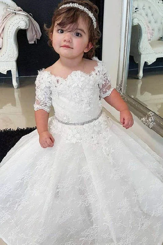 Ball Gown Half Sleeves Scalloped-Edge Flower Girl Dress with Lace
