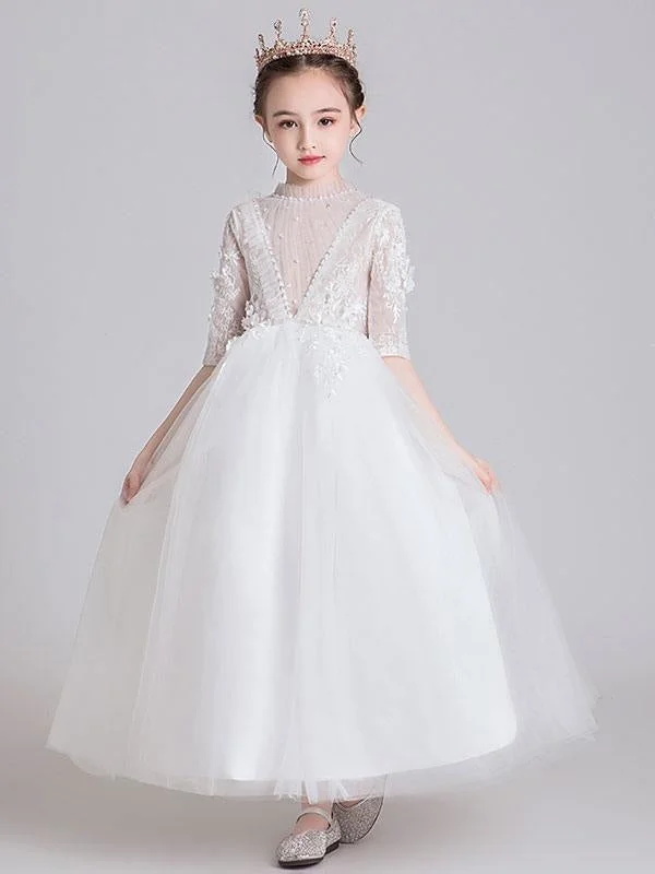 Off-White Gown Half Sleeves White Flower Girl Dresses Jewel Neck Ankle-Length Princess Dress Kids Formal  Dresses