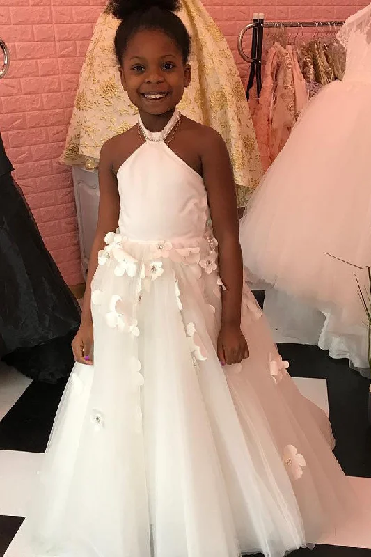 Romantic Evening Gown Halter Floral Appliques Long White Flower Girl Dress