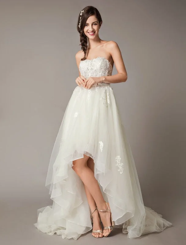 Vivid Color Gown High Low Wedding Dresses Strapless Lace Tulle Bow Sash Asymmetrical Summer Beach Bridal Dress Vivid Color Gown High Low Wedding Dresses Strapless Lace Tulle Bow Sash Asymmetrical Summer Beach Bridal Dress
