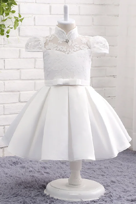 Dainty Chiffon Dress High Neck Flower Girl Dress with Ribbon Waist
