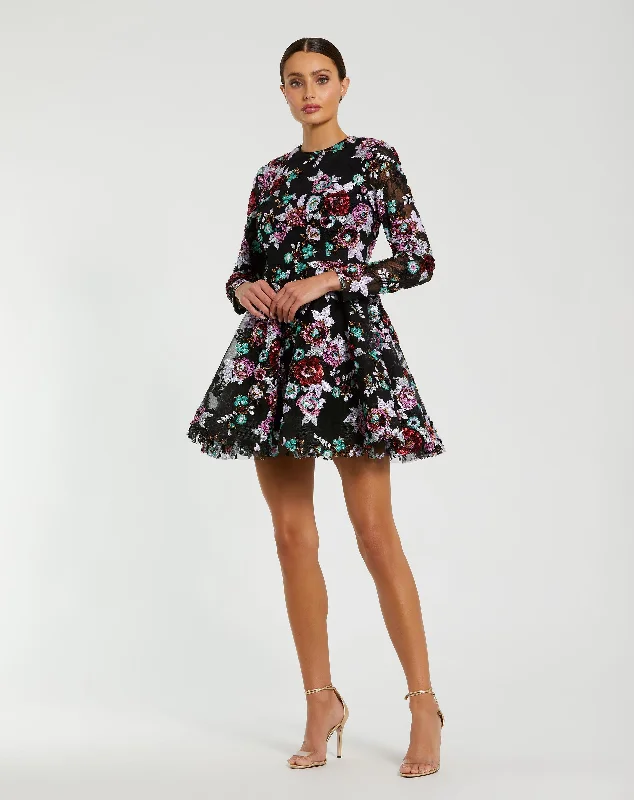 Empire Gown High Neck Long Sleeve Sequin A Line Mini Dress