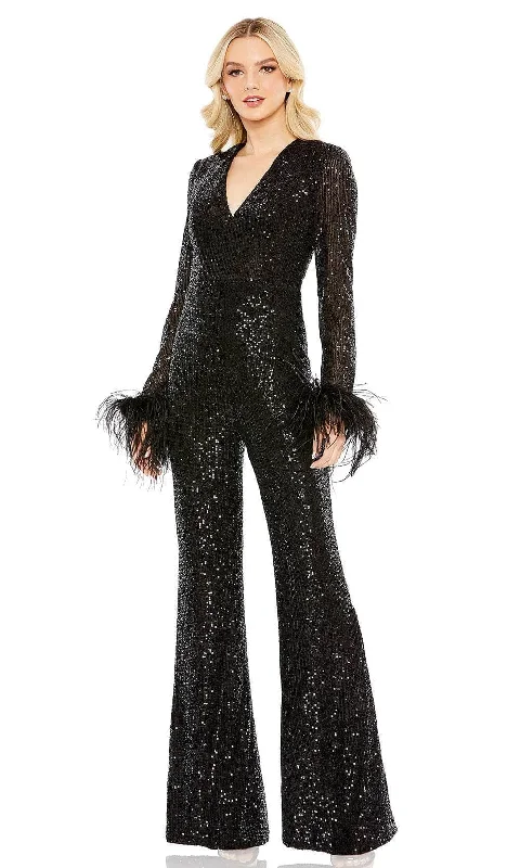 Slit Gown Ieena Duggal 11581 - Feather Detailed Long Sleeve Jumpsuit