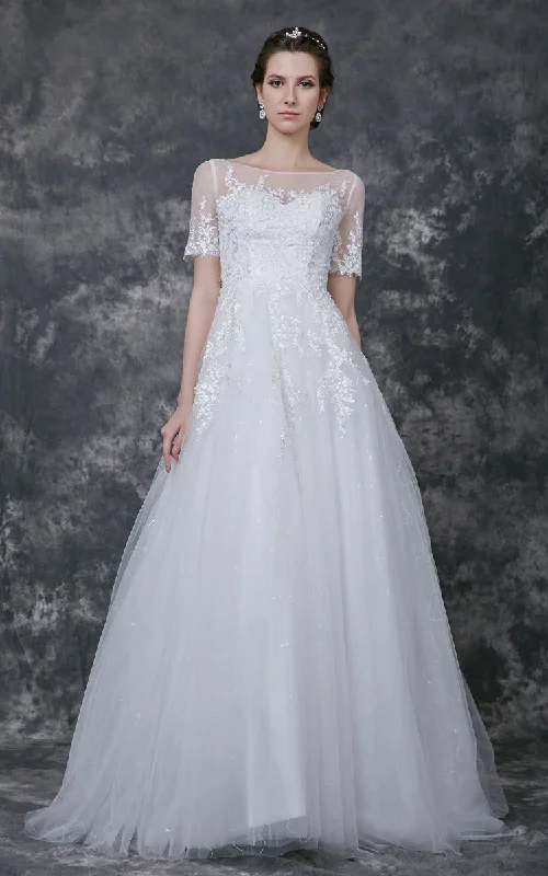 Asymmetrical Gown Illusion Short Lace Sleeve Bateau Neck A-line Tulle Gown-ZP_706258