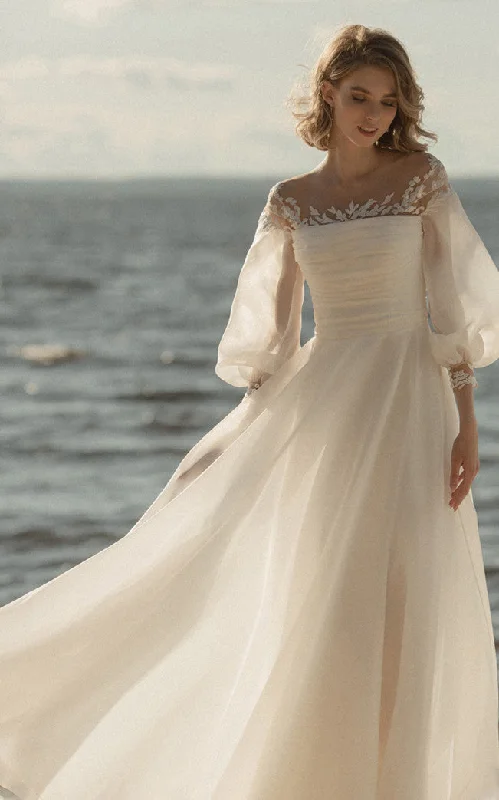 Fringe Gown Informal 3/4 Length Poet Sleeves A-Line Organza Wedding Dress With Zipper Low-V Back-716440 Fringe Gown Informal 3/4 Length Poet Sleeves A-Line Organza Wedding Dress With Zipper Low-V Back-716440