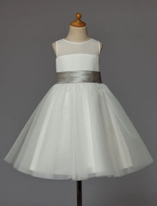 A-Line Gown Ivory Chiffon Satin Flower Girl Dress Cute Little Girl Dress With Bow Sash