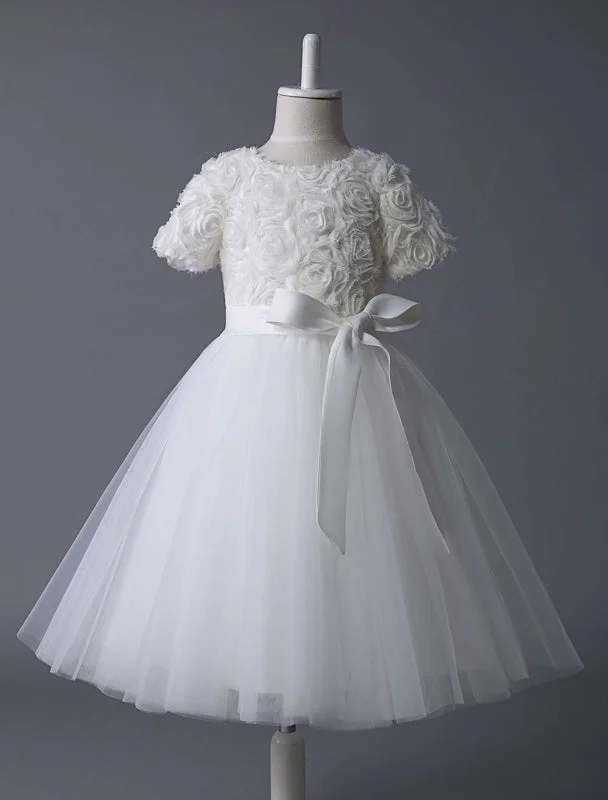 Deep V-Neck Dress Ivory Half Sleeve Lace Tutu Dress Ribbon Bow Sash Party Dresses for Kids